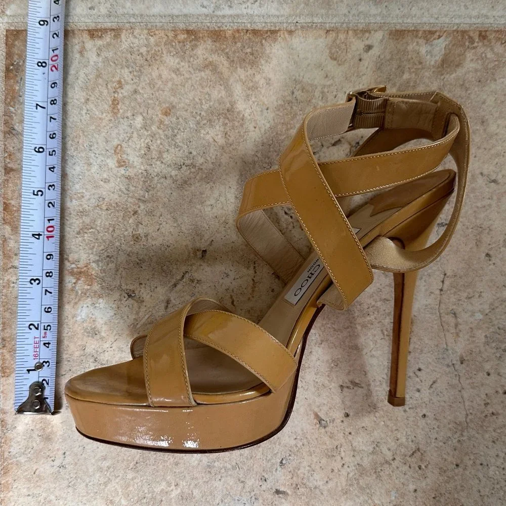 Jimmy Choo Vamp Sandal Tan Nude Patent Leather Sz. 38 1/2 Platform High heel - Picture 6 of 8